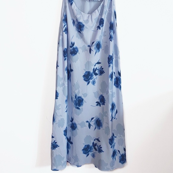 Abercrombie & Fitch NWT Maxi Dress Puff sleeve tie back slip Blue Floral size L - Picture 7 of 16